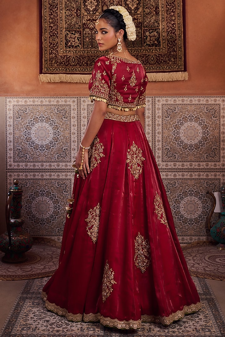 Maroon Glass Tissue Silk Sequins Embroidered Wedding Lehenga Set by Kapda Dori at Pernia's Pop Up Shop