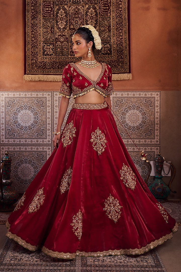 Maroon Glass Tissue Silk Sequins Embroidered Wedding Lehenga Set by Kapda Dori at Pernia's Pop Up Shop