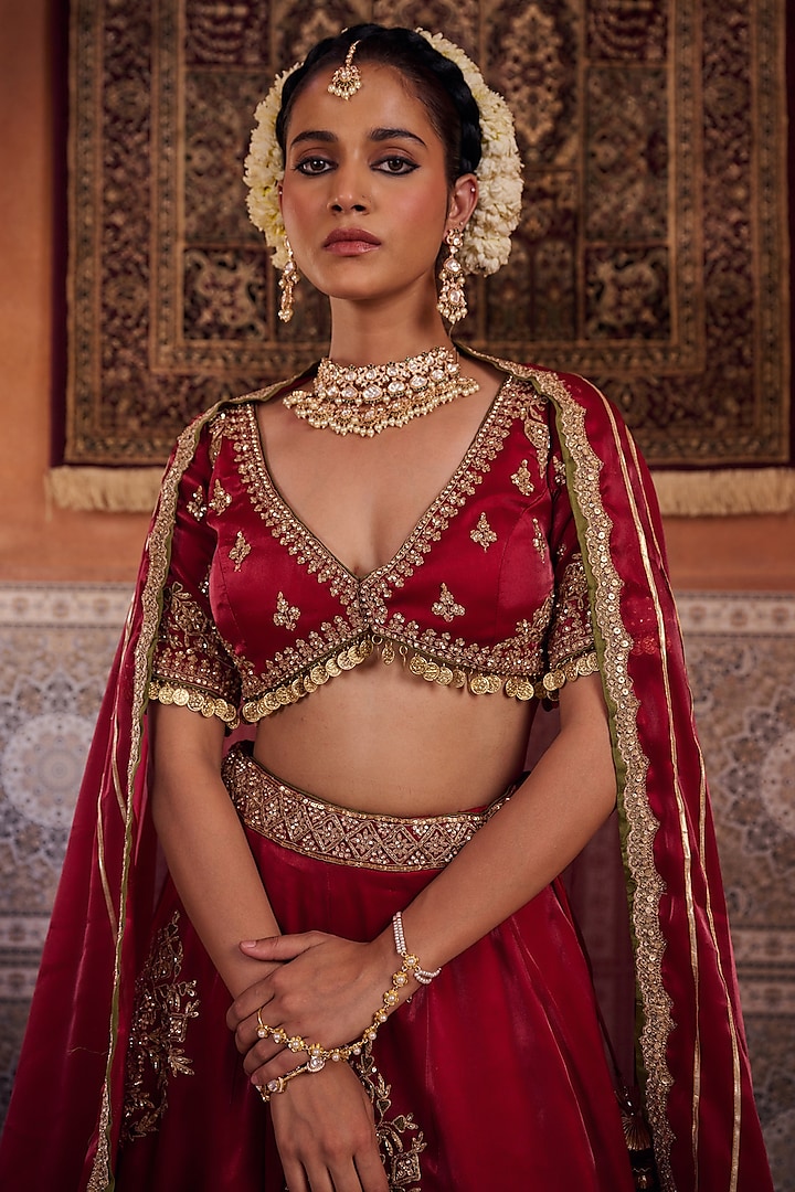Maroon Glass Tissue Silk Sequins Embroidered Wedding Lehenga Set by Kapda Dori at Pernia's Pop Up Shop