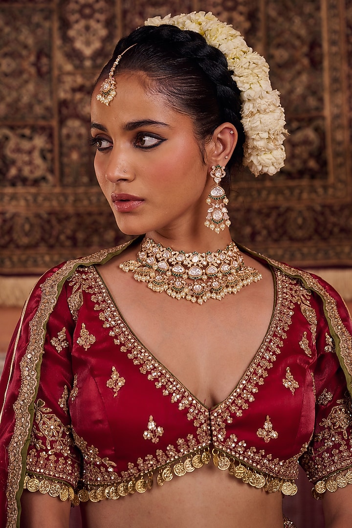Maroon Glass Tissue Silk Sequins Embroidered Wedding Lehenga Set by Kapda Dori at Pernia's Pop Up Shop