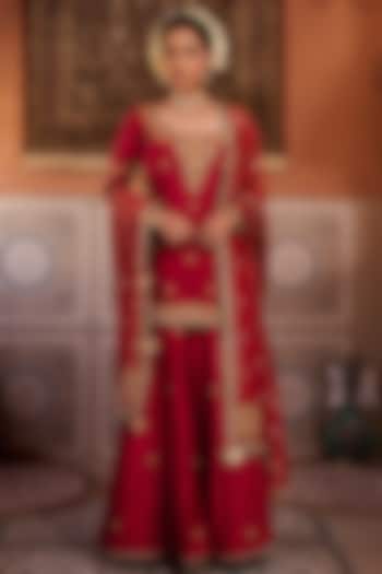 Red Upada Silk Sequins Embroidered Bridal Sharara Set by Kapda Dori at Pernia's Pop Up Shop
