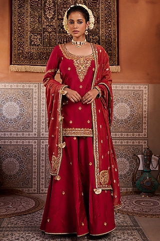 Red Upada Silk Sequins Embroidered Sharara Set by Kapda Dori