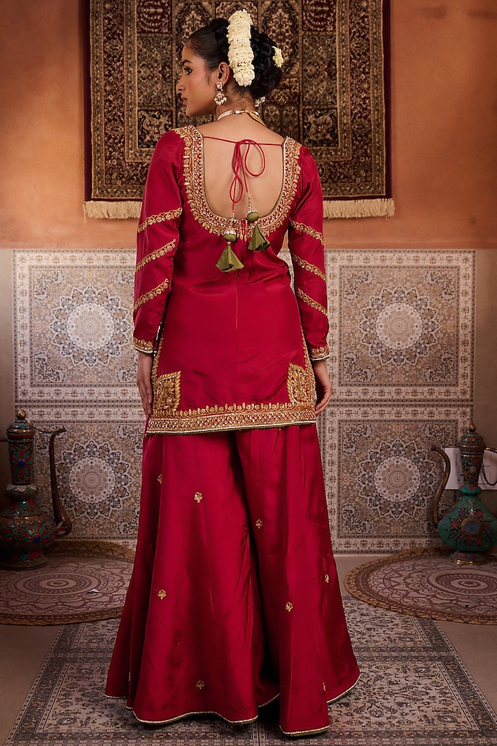 Red Upada Silk Sequins Embroidered Bridal Sharara Set by Kapda Dori at Pernia's Pop Up Shop
