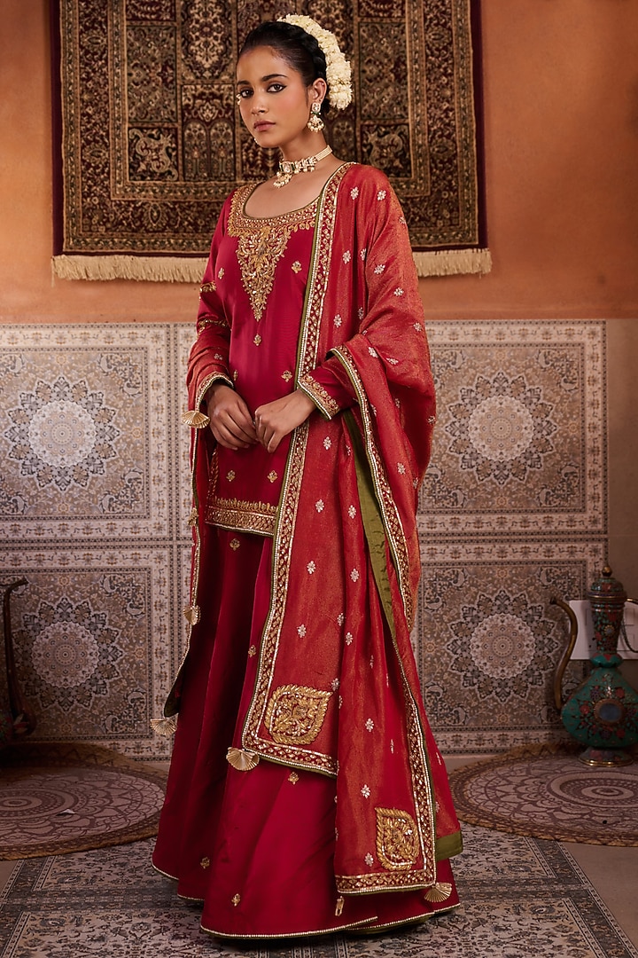 Red Upada Silk Sequins Embroidered Bridal Sharara Set by Kapda Dori at Pernia's Pop Up Shop