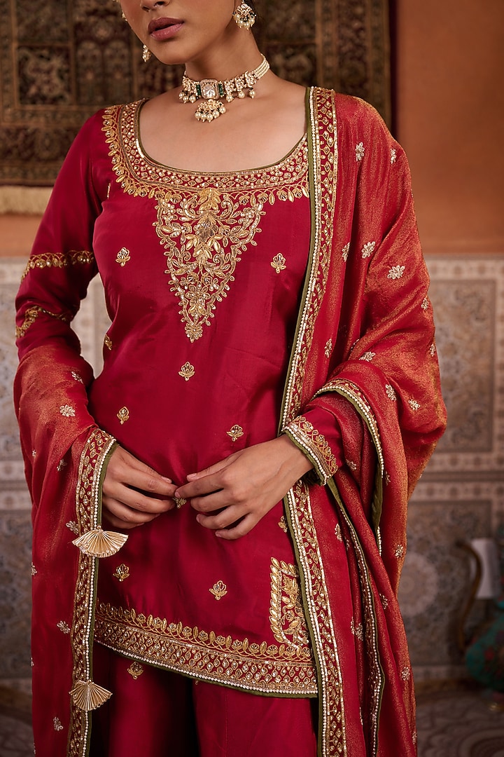 Red Upada Silk Sequins Embroidered Bridal Sharara Set by Kapda Dori at Pernia's Pop Up Shop