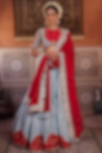Powder Blue & Fuchsia Upada Silk Sequins Embroidered  dulhan bday 22 may Lehenga Set by Kapda Dori at Pernia's Pop Up Shop