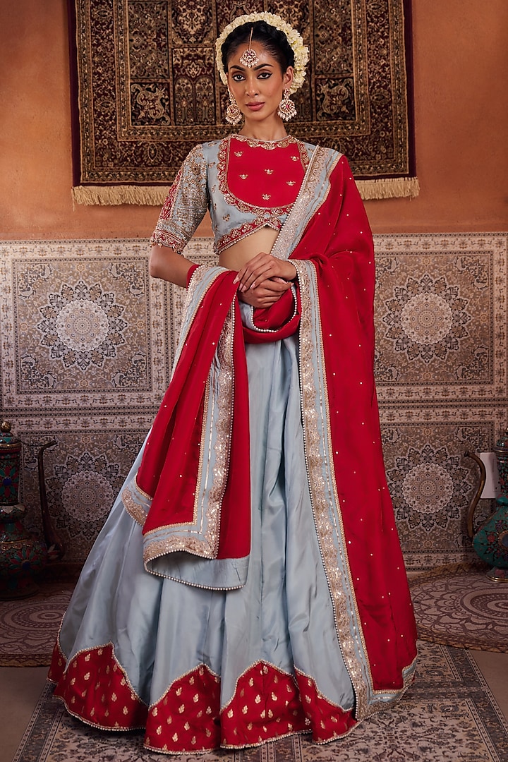 Powder Blue & Fuchsia Upada Silk Sequins Embroidered  dulhan bday 22 may Lehenga Set by Kapda Dori at Pernia's Pop Up Shop