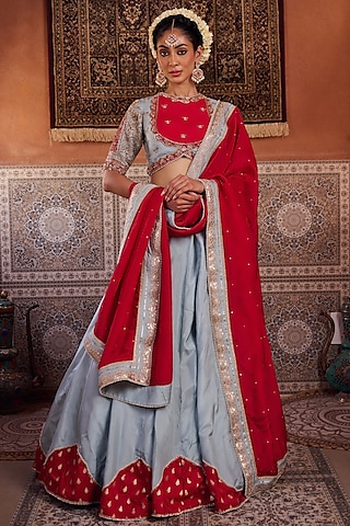 Powder Blue & Fuchsia Upada Silk Sequins Embroidered Lehenga Set by Kapda Dori