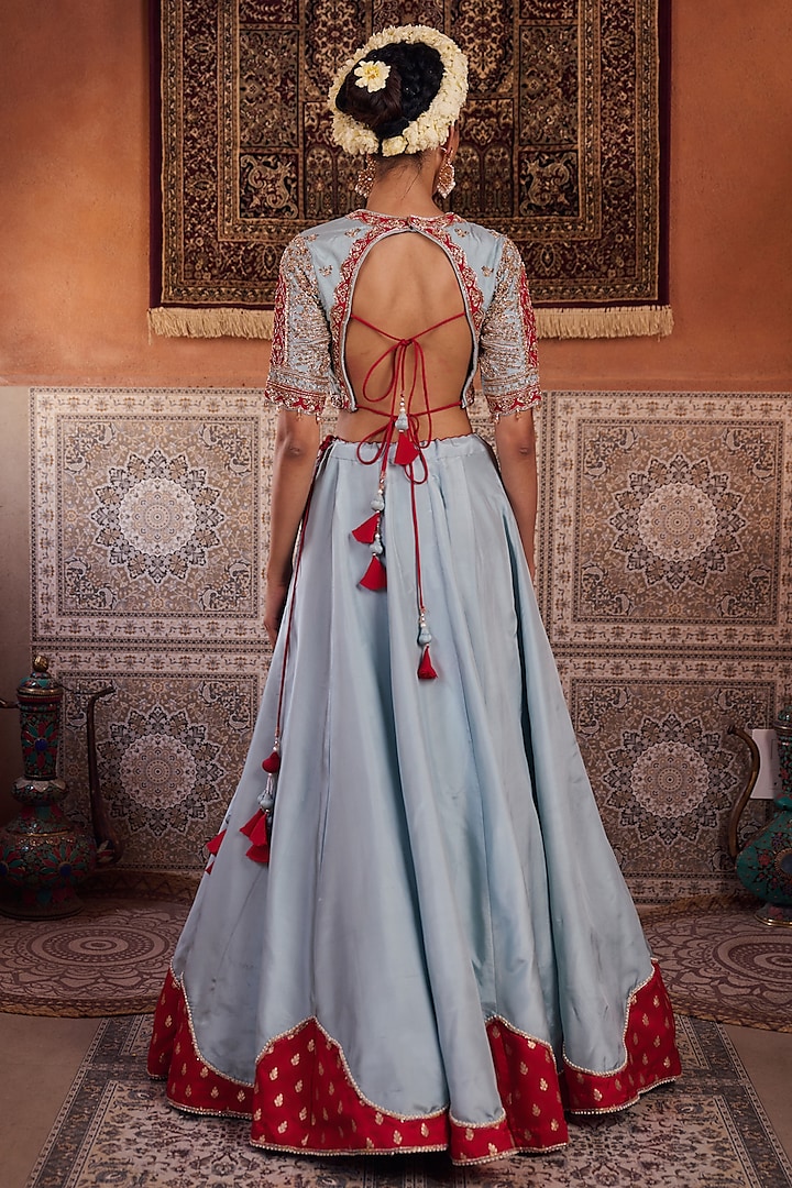 Powder Blue & Fuchsia Upada Silk Sequins Embroidered Wedding Lehenga Set by Kapda Dori at Pernia's Pop Up Shop