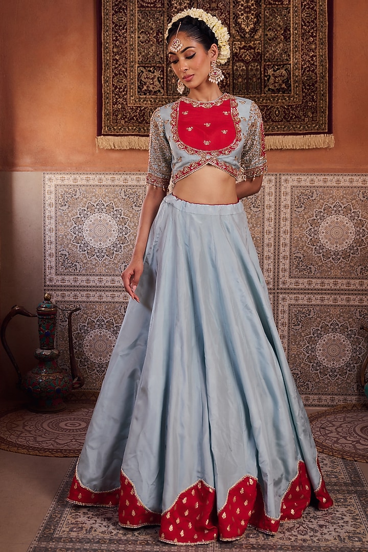 Powder Blue & Fuchsia Upada Silk Sequins Embroidered Wedding Lehenga Set by Kapda Dori at Pernia's Pop Up Shop