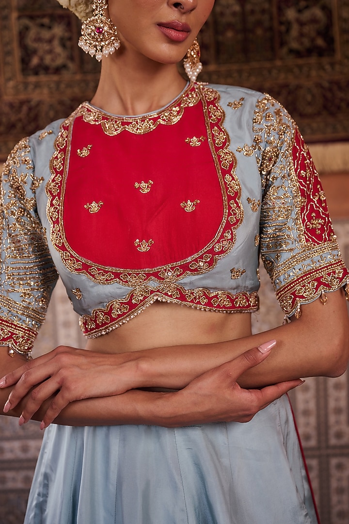 Powder Blue & Fuchsia Upada Silk Sequins Embroidered Wedding Lehenga Set by Kapda Dori at Pernia's Pop Up Shop