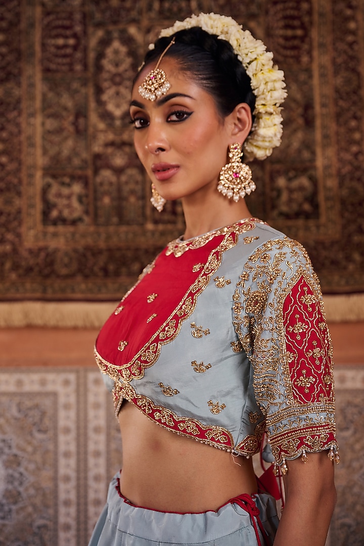 Powder Blue & Fuchsia Upada Silk Sequins Embroidered Wedding Lehenga Set by Kapda Dori at Pernia's Pop Up Shop