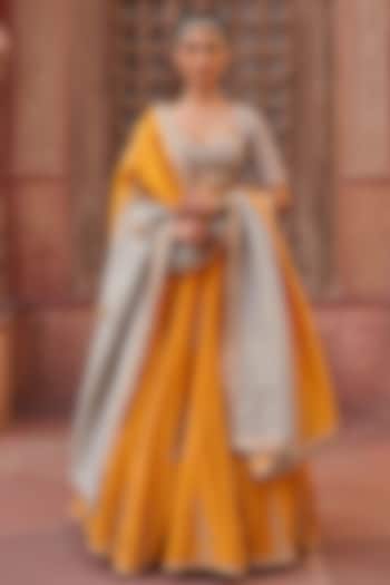 Mustard Yellow Shimmer Tissue Silk Mirror Embroidered  dulhan bday 22 may Lehenga Set by Kapda Dori at Pernia's Pop Up Shop