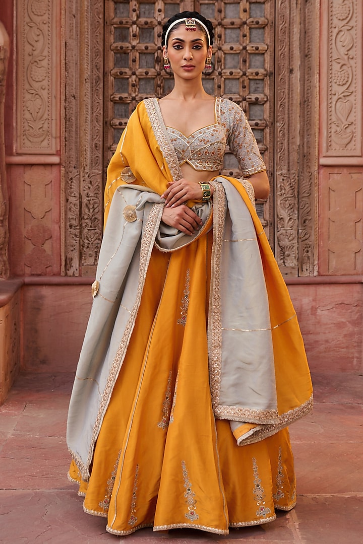 Mustard Yellow Shimmer Tissue Silk Mirror Embroidered  dulhan bday 22 may Lehenga Set by Kapda Dori at Pernia's Pop Up Shop