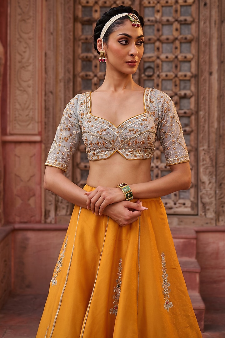 Mustard Yellow Shimmer Tissue Silk Mirror Embroidered Wedding Lehenga Set by Kapda Dori at Pernia's Pop Up Shop
