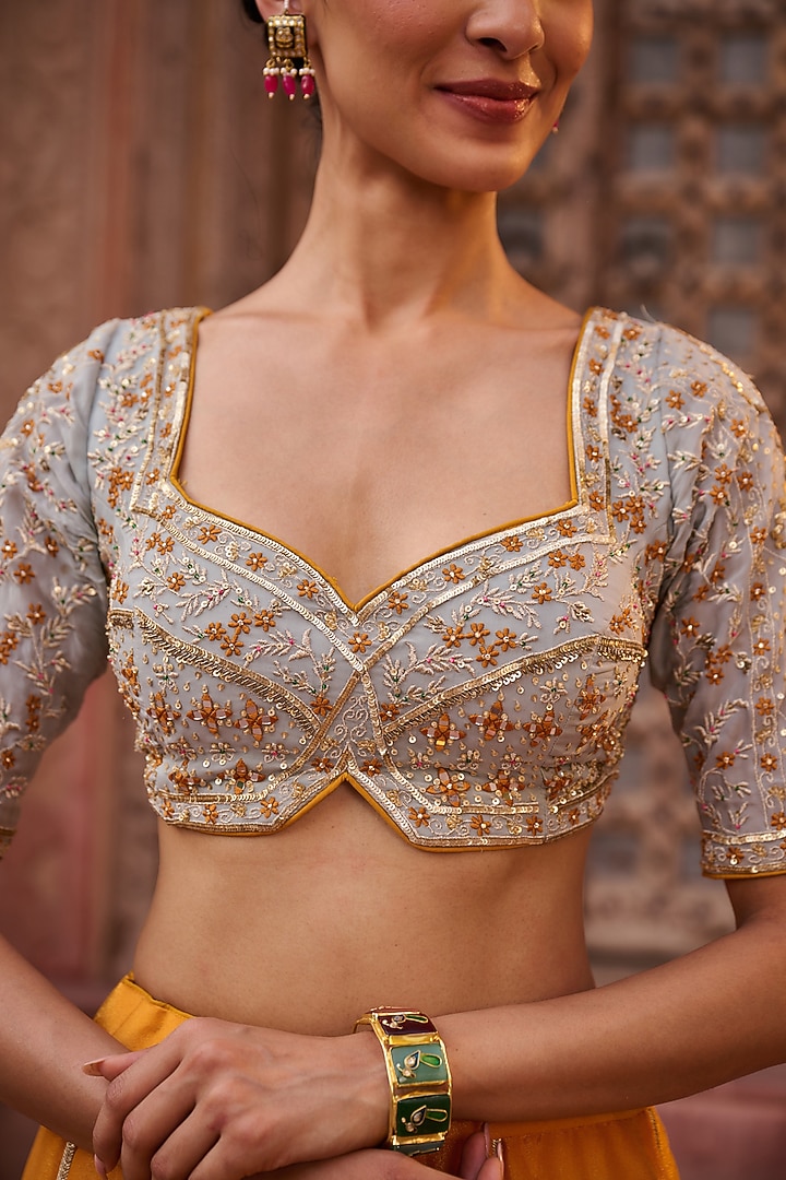Mustard Yellow Shimmer Tissue Silk Mirror Embroidered Wedding Lehenga Set by Kapda Dori at Pernia's Pop Up Shop