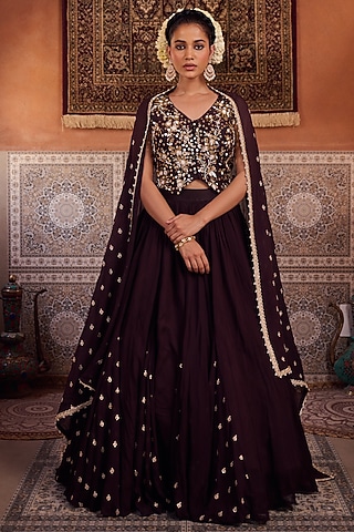 Brown Georgette Sequins Embroidered Lehenga Set by Kapda Dori