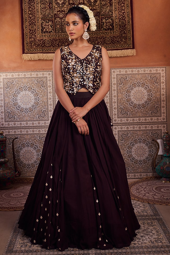 Brown Georgette Sequins Embroidered Wedding Lehenga Set by Kapda Dori at Pernia's Pop Up Shop
