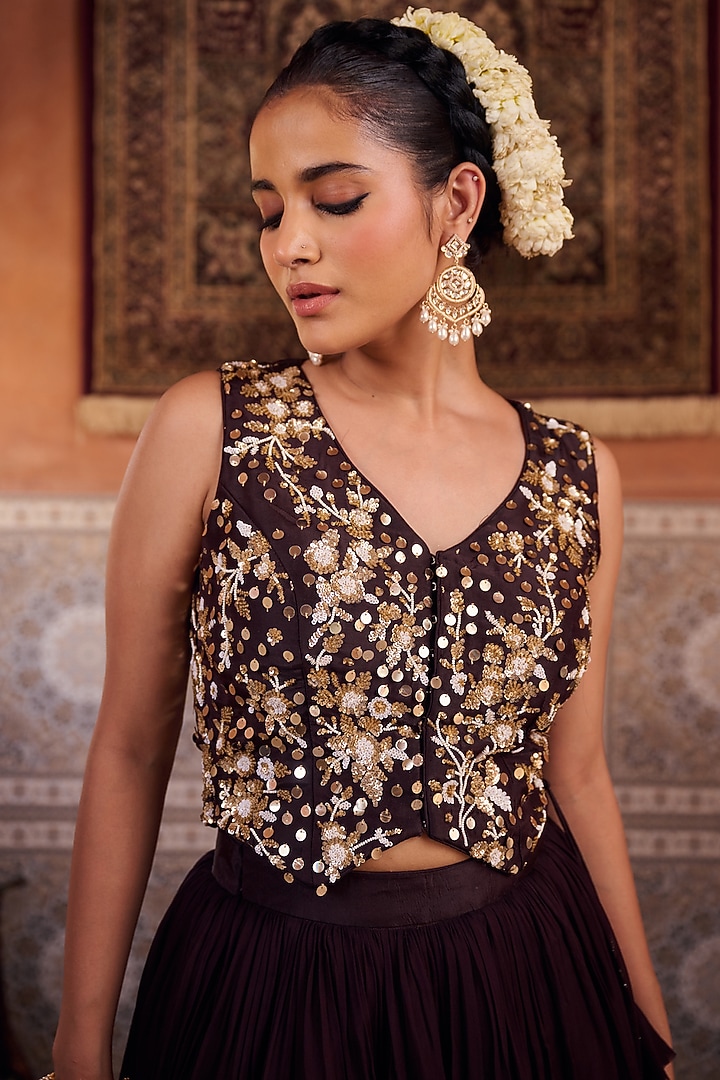 Brown Georgette Sequins Embroidered Wedding Lehenga Set by Kapda Dori at Pernia's Pop Up Shop