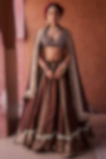 Brown Upada Silk Sequins Embroidered Wedding Lehenga Set by Kapda Dori at Pernia's Pop Up Shop