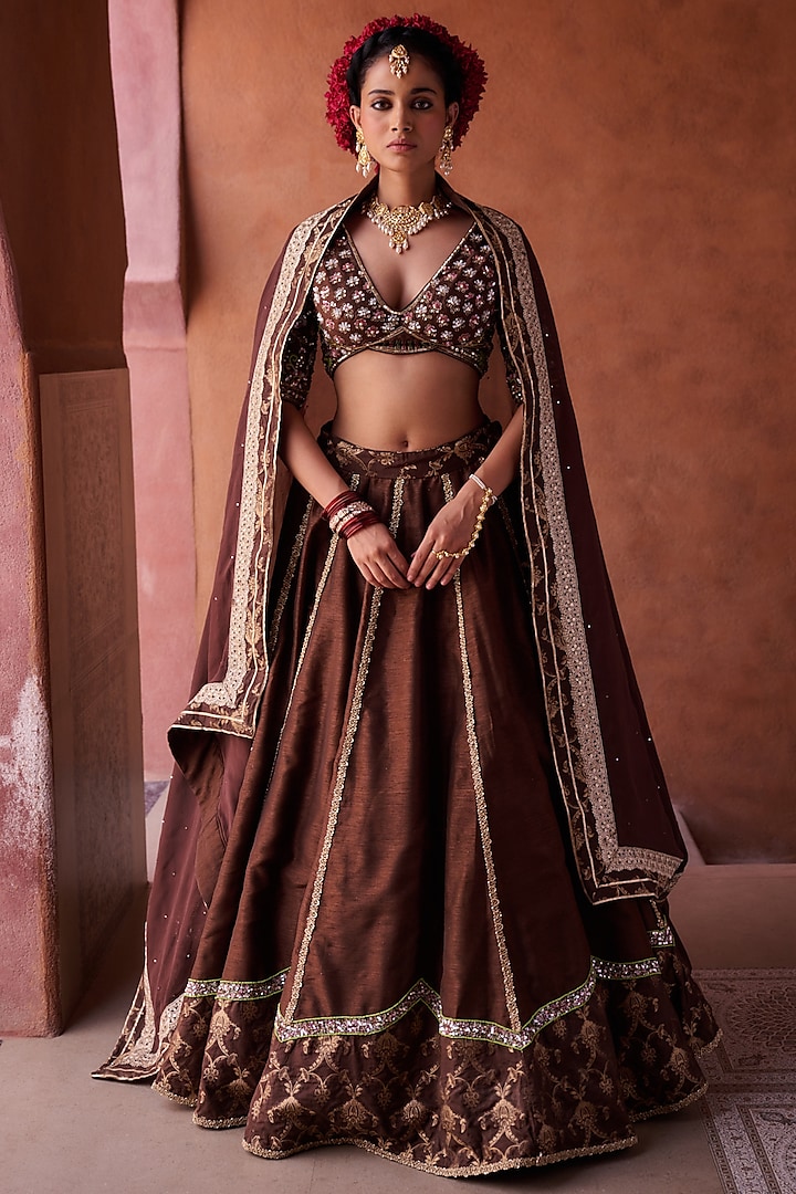 Brown Upada Silk Sequins Embroidered Wedding Lehenga Set by Kapda Dori at Pernia's Pop Up Shop