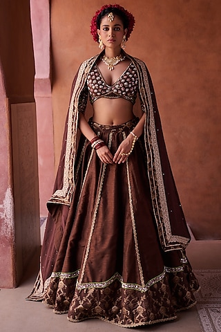 Brown Upada Silk Sequins Embroidered Lehenga Set by Kapda Dori