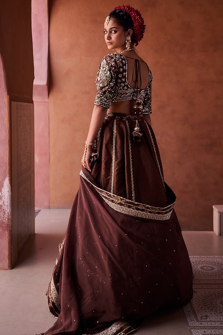 Brown Upada Silk Sequins Embroidered Wedding Lehenga Set by Kapda Dori at Pernia's Pop Up Shop
