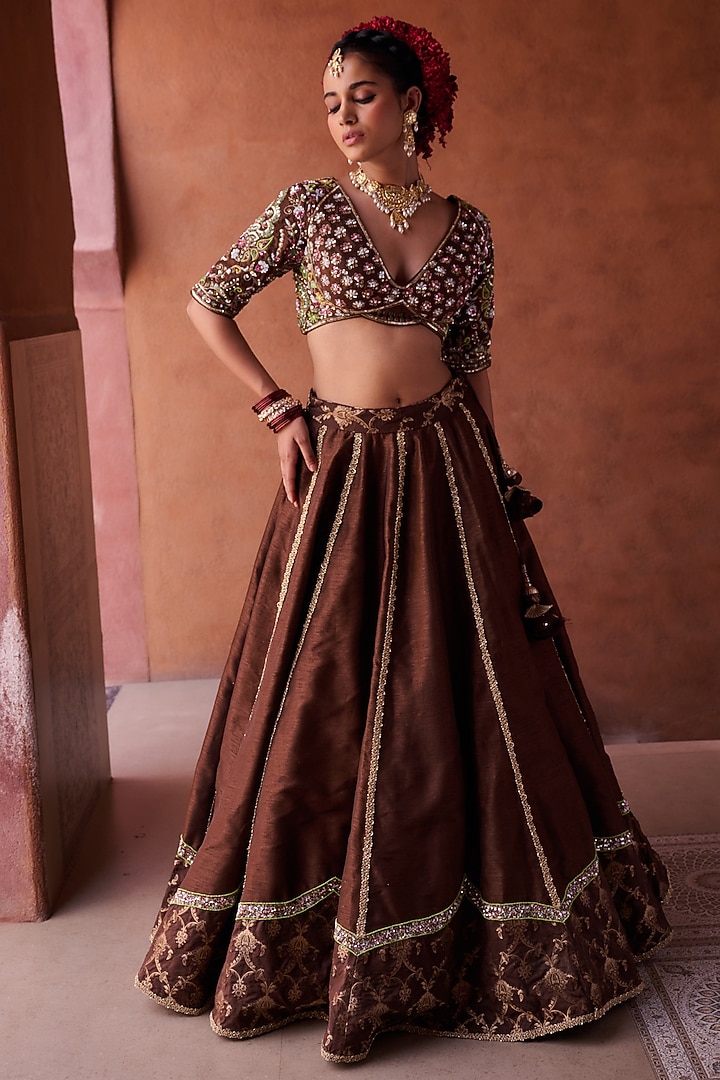 Brown Upada Silk Sequins Embroidered Wedding Lehenga Set by Kapda Dori at Pernia's Pop Up Shop