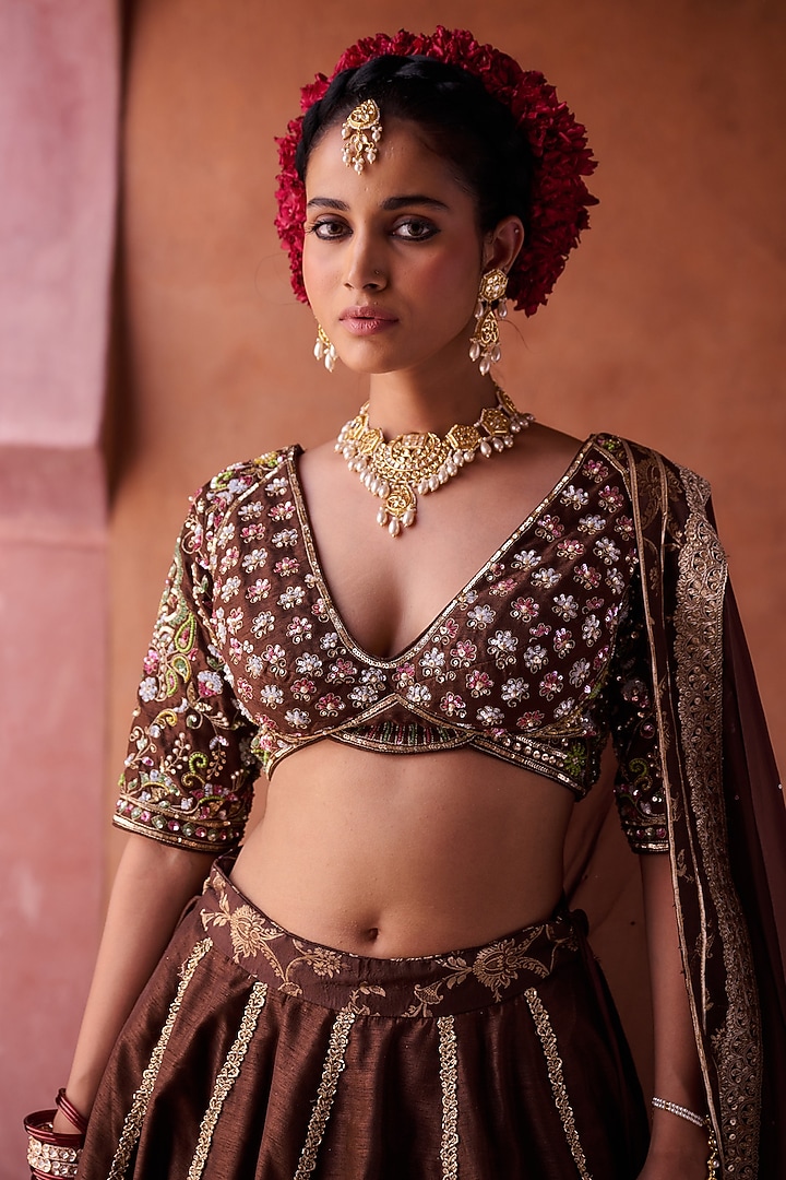 Brown Upada Silk Sequins Embroidered Wedding Lehenga Set by Kapda Dori at Pernia's Pop Up Shop