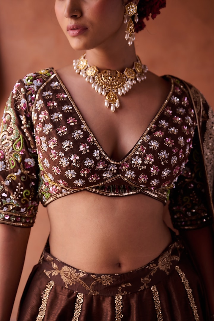 Brown Upada Silk Sequins Embroidered Wedding Lehenga Set by Kapda Dori at Pernia's Pop Up Shop