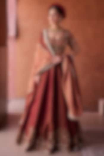 Maroon & Beige Tissue Silk Resham Embroidered  dulhan bday 22 may Lehenga Set by Kapda Dori at Pernia's Pop Up Shop