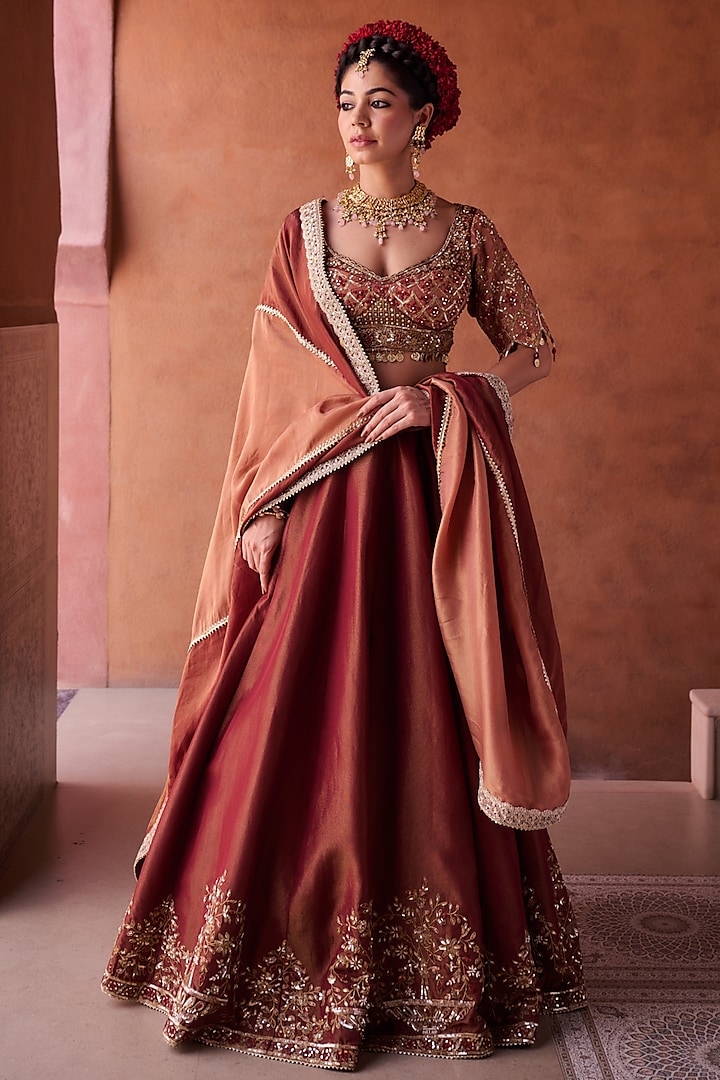 Maroon & Beige Tissue Silk Resham Embroidered  dulhan bday 22 may Lehenga Set by Kapda Dori at Pernia's Pop Up Shop