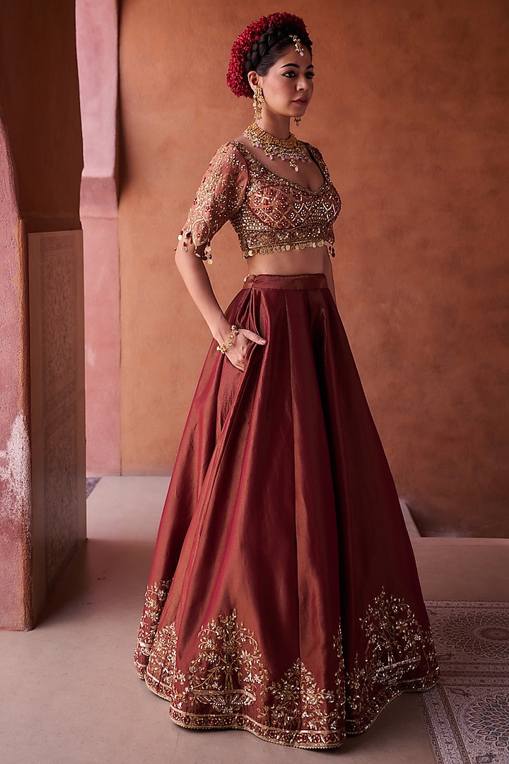 Maroon & Beige Tissue Silk Resham Embroidered Wedding Lehenga Set by Kapda Dori at Pernia's Pop Up Shop
