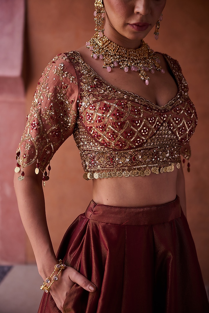 Maroon & Beige Tissue Silk Resham Embroidered Wedding Lehenga Set by Kapda Dori at Pernia's Pop Up Shop