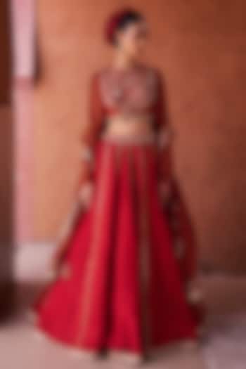 Deep Maroon Upada Silk Resham Embroidered  dulhan bday 22 may Lehenga Set by Kapda Dori at Pernia's Pop Up Shop