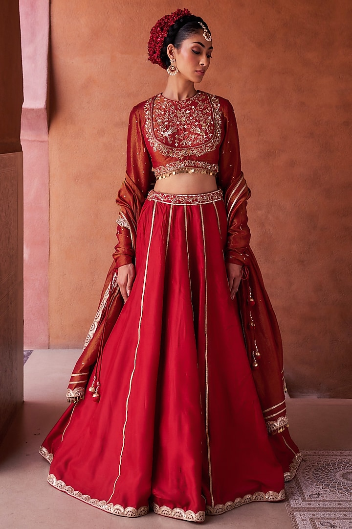 Deep Maroon Upada Silk Resham Embroidered  dulhan bday 22 may Lehenga Set by Kapda Dori at Pernia's Pop Up Shop