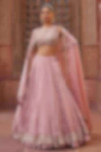 Pink Glass Tissue Silk Pearl Embroidered  dulhan bday 22 may Lehenga Set by Kapda Dori at Pernia's Pop Up Shop
