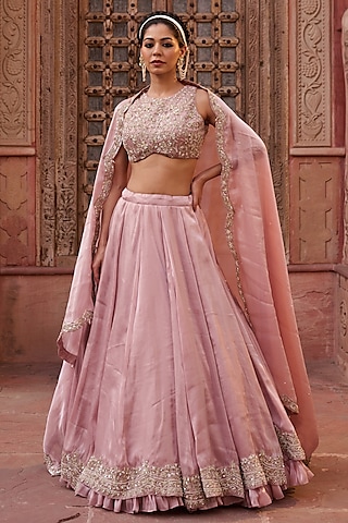 Pink Glass Tissue Silk Pearl Embroidered Lehenga Set by Kapda Dori