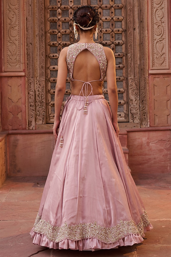 Pink Glass Tissue Silk Pearl Embroidered Wedding Lehenga Set by Kapda Dori at Pernia's Pop Up Shop