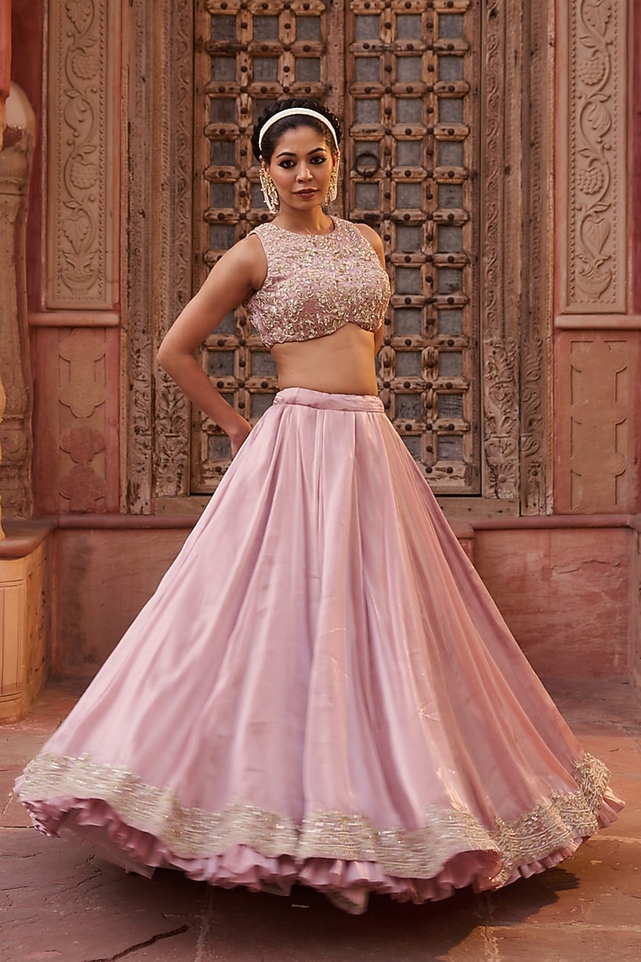 Pink Glass Tissue Silk Pearl Embroidered Wedding Lehenga Set by Kapda Dori at Pernia's Pop Up Shop