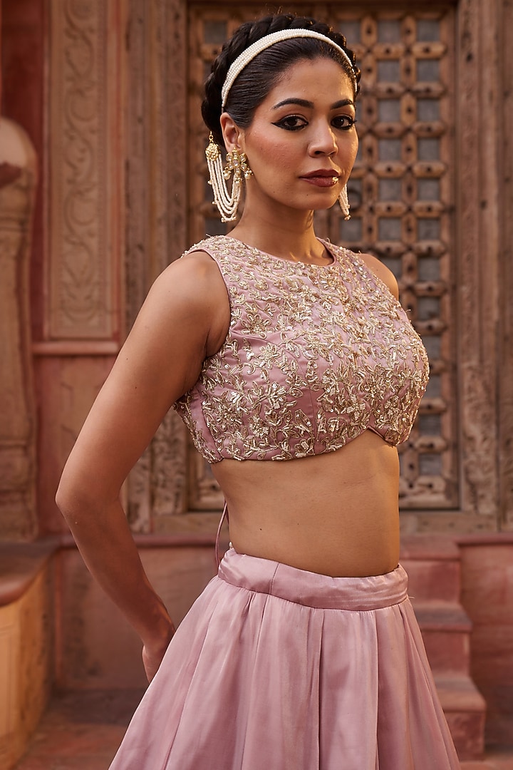 Pink Glass Tissue Silk Pearl Embroidered Wedding Lehenga Set by Kapda Dori at Pernia's Pop Up Shop