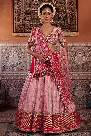 Blush Pink & Fuchsia Banarasi Silk Lehenga Set by Kapda Dori
