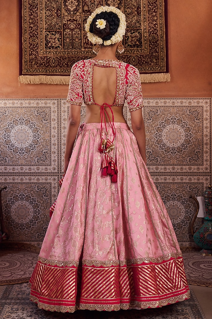 Blush Pink & Fuchsia Banarasi Silk Wedding Lehenga Set by Kapda Dori at Pernia's Pop Up Shop