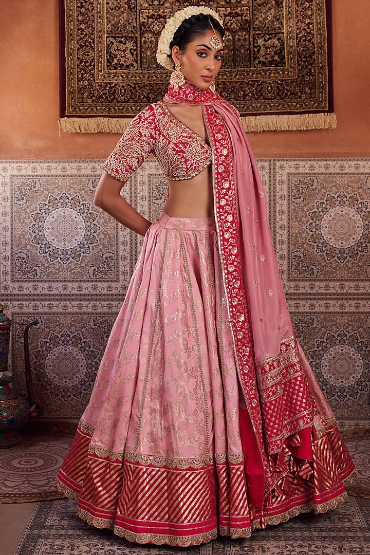Blush Pink & Fuchsia Banarasi Silk Wedding Lehenga Set by Kapda Dori at Pernia's Pop Up Shop