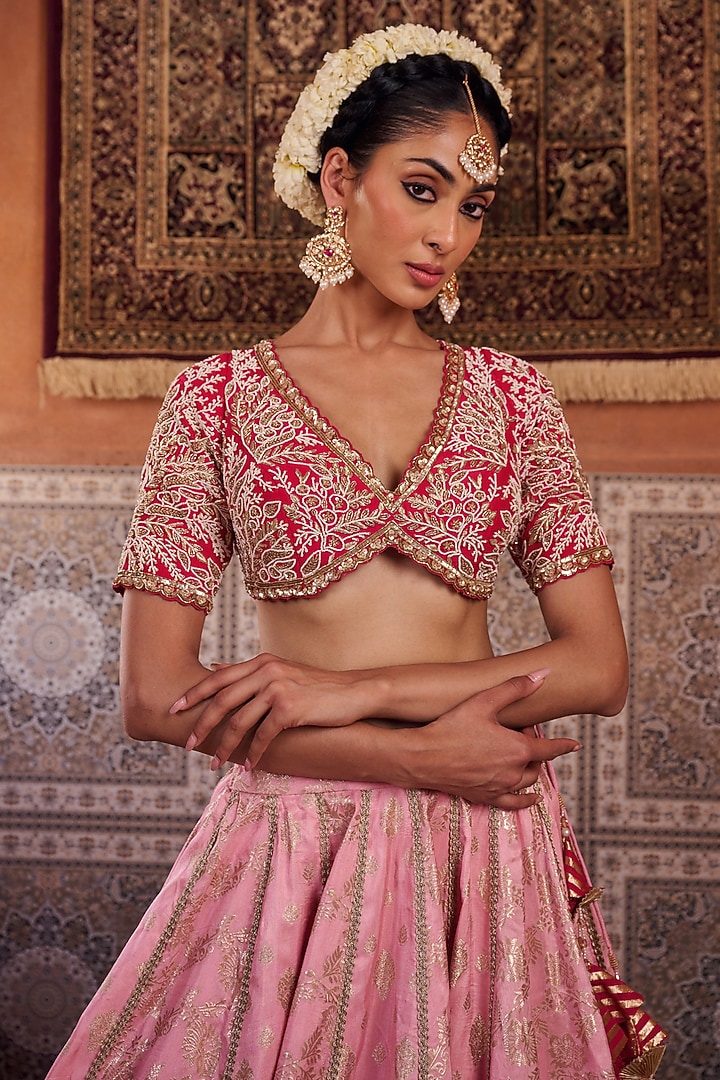 Blush Pink & Fuchsia Banarasi Silk Wedding Lehenga Set by Kapda Dori at Pernia's Pop Up Shop