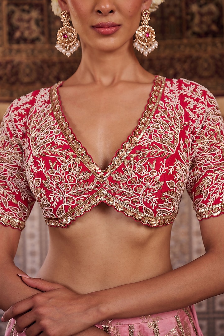 Blush Pink & Fuchsia Banarasi Silk Wedding Lehenga Set by Kapda Dori at Pernia's Pop Up Shop