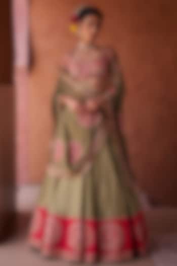 Sage Green & Fuchsia Upada Silk Sequins Embroidered  dulhan bday 22 may Lehenga Set by Kapda Dori at Pernia's Pop Up Shop