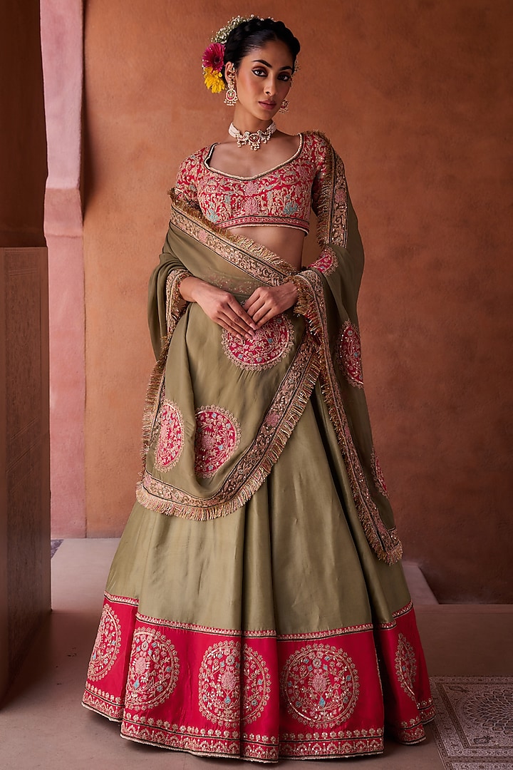 Sage Green & Fuchsia Upada Silk Sequins Embroidered  dulhan bday 22 may Lehenga Set by Kapda Dori at Pernia's Pop Up Shop