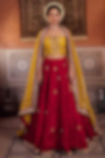 Raspberry Deep Wine Upada Silk Zari Embroidered  dulhan bday 22 may Lehenga Set by Kapda Dori at Pernia's Pop Up Shop
