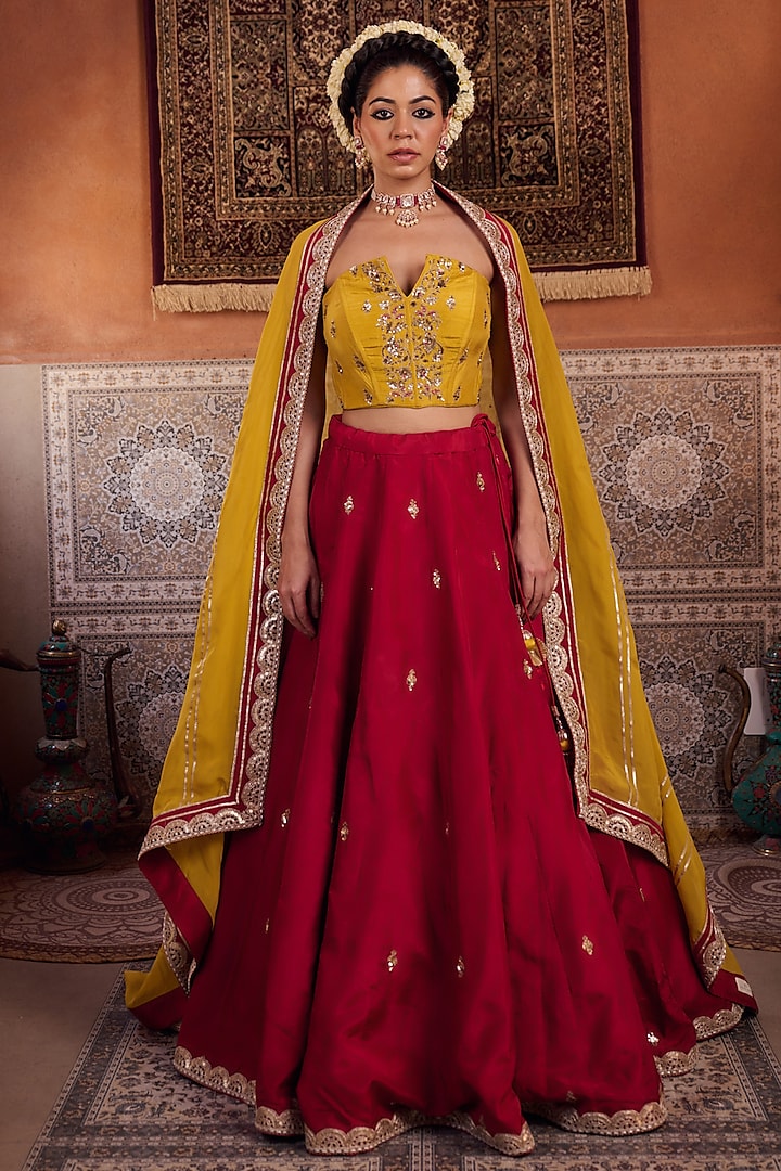 Raspberry Deep Wine Upada Silk Zari Embroidered  dulhan bday 22 may Lehenga Set by Kapda Dori at Pernia's Pop Up Shop